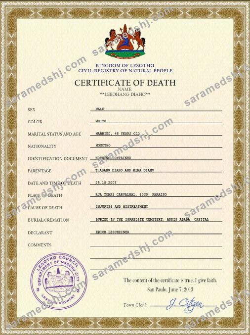 Lesotho vital record death certificate PSD template